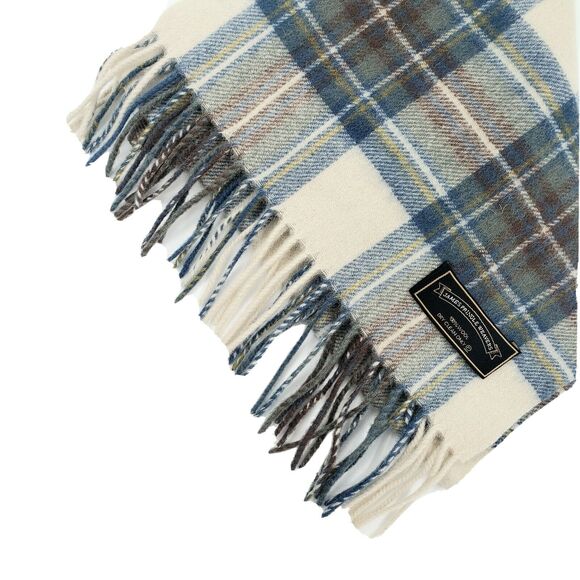 Pringle Weavers Wool Scarf Tartan Plaid Blue Ivory Preppy Eclectic Grandpa NOS - Picture 2 of 7